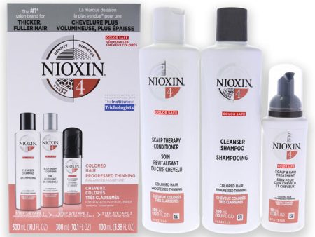 Nioxin System 4 Kit by Nioxin for Unisex - 3 Pc 10.1oz Color Safe Cleanser Shampoo, 10.1 oz Color Safe Scalp Therapy Conditioner, 3.38oz Color Safe Scalp and Hair Treatment For Sale