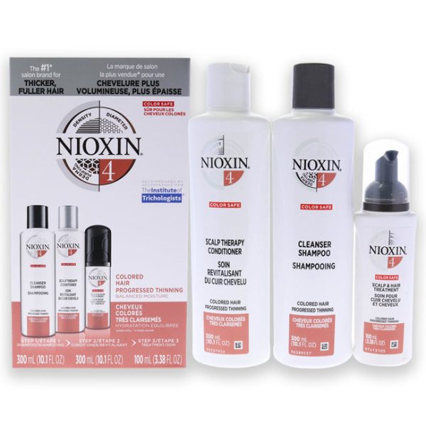 Nioxin System 4 Kit by Nioxin for Unisex - 3 Pc 10.1oz Color Safe Cleanser Shampoo, 10.1 oz Color Safe Scalp Therapy Conditioner, 3.38oz Color Safe Scalp and Hair Treatment For Sale